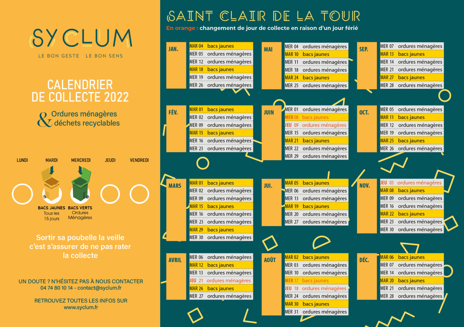 SICTOM / SYCLUM - Calendrier de collecte 2022 - Saint Clair de la Tour